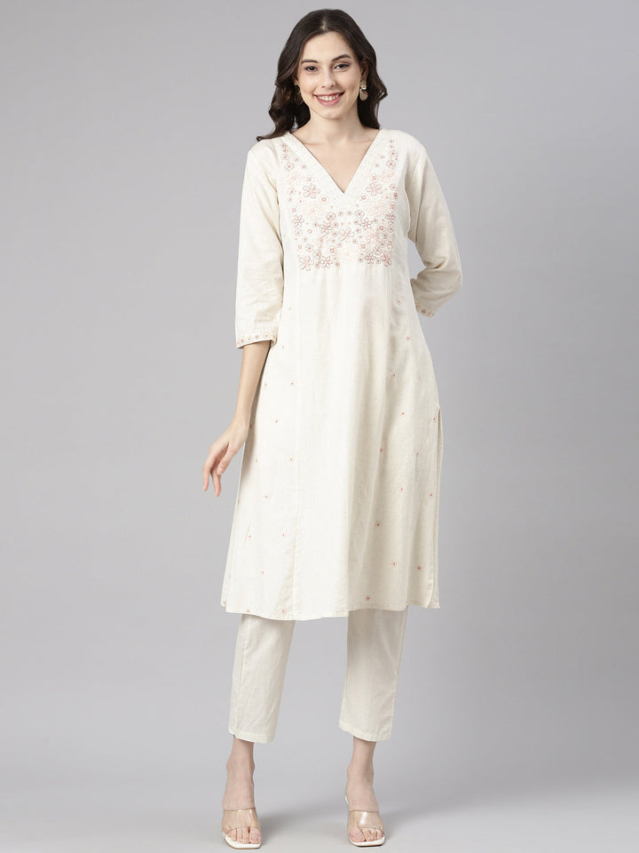Neerus Cream Casual Solid Straight Kurtas