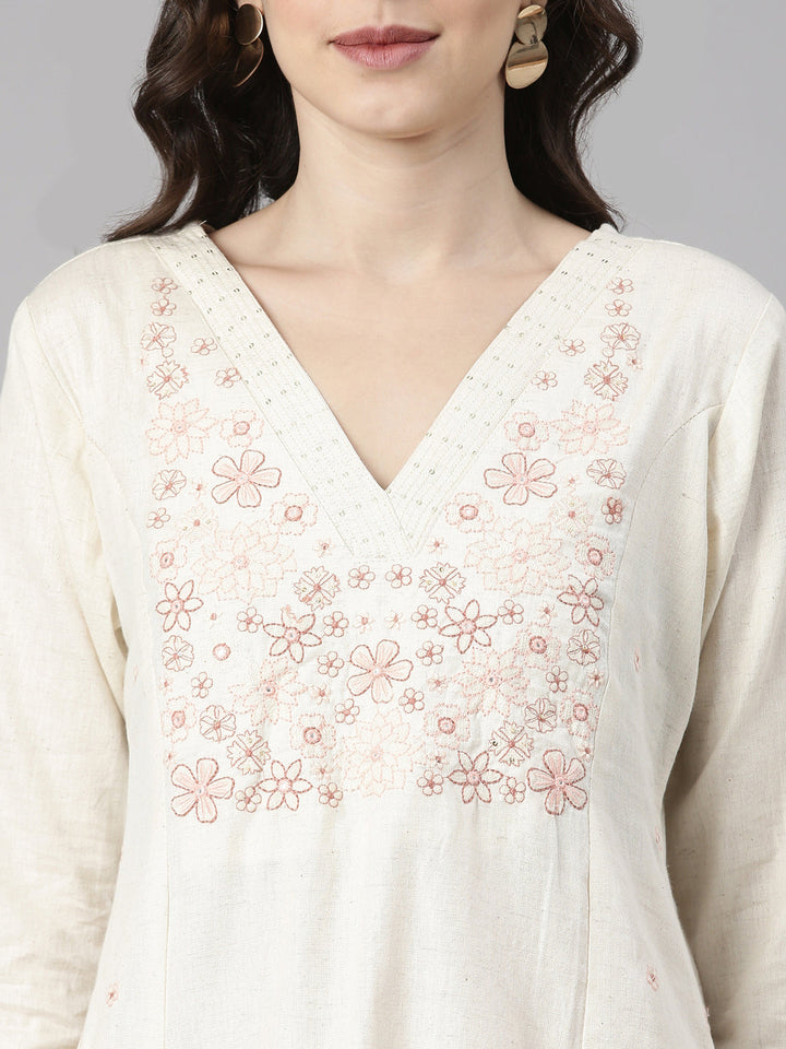 Neerus Cream Casual Solid Straight Kurtas