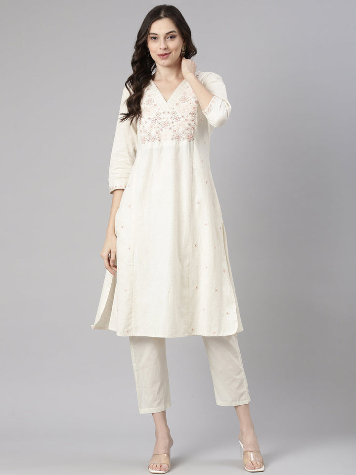 Neerus Cream Casual Solid Straight Kurtas