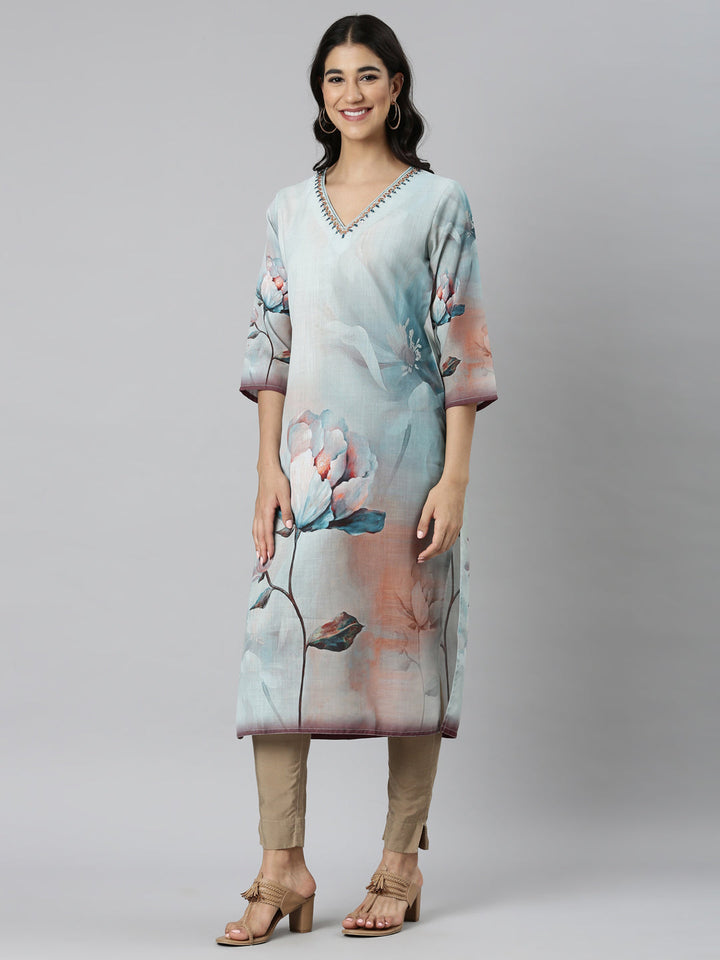 Neerus Blue Casual Floral Straight Kurtas