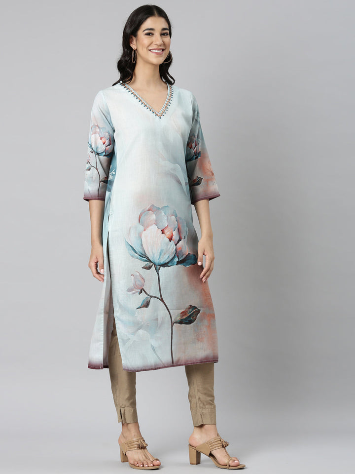 Neerus Blue Casual Floral Straight Kurtas