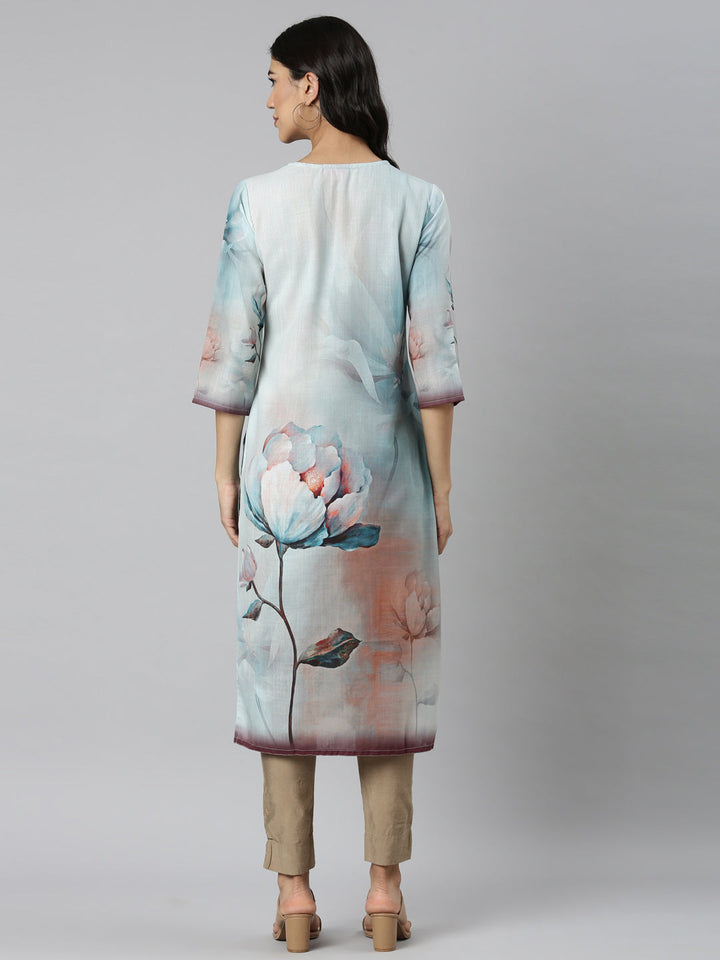 Neerus Blue Casual Floral Straight Kurtas