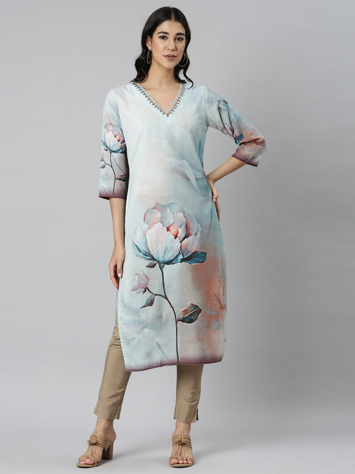 Neerus Blue Casual Floral Straight Kurtas