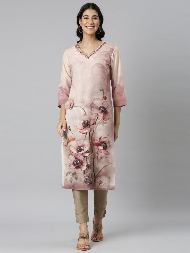 Neerus Cream Casual Floral Straight Kurtas