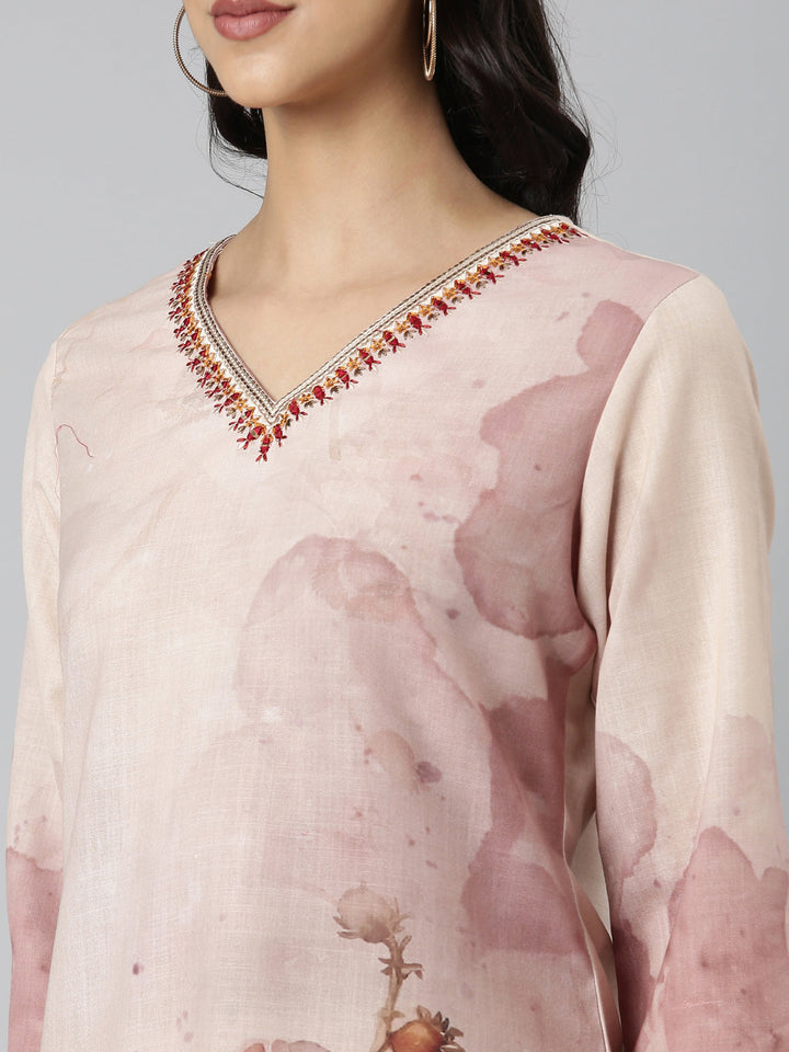Neerus Cream Casual Floral Straight Kurtas