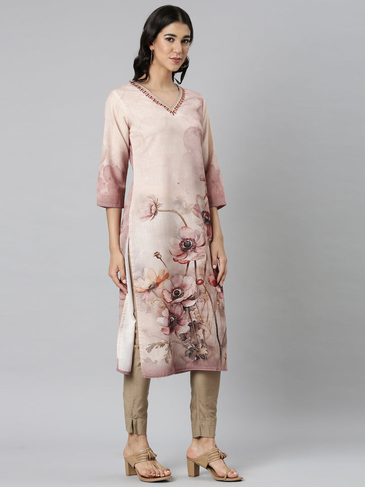 Neerus Cream Casual Floral Straight Kurtas
