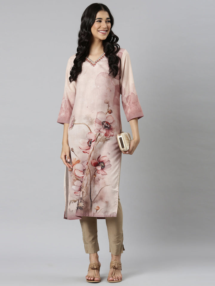 Neerus Cream Casual Floral Straight Kurtas
