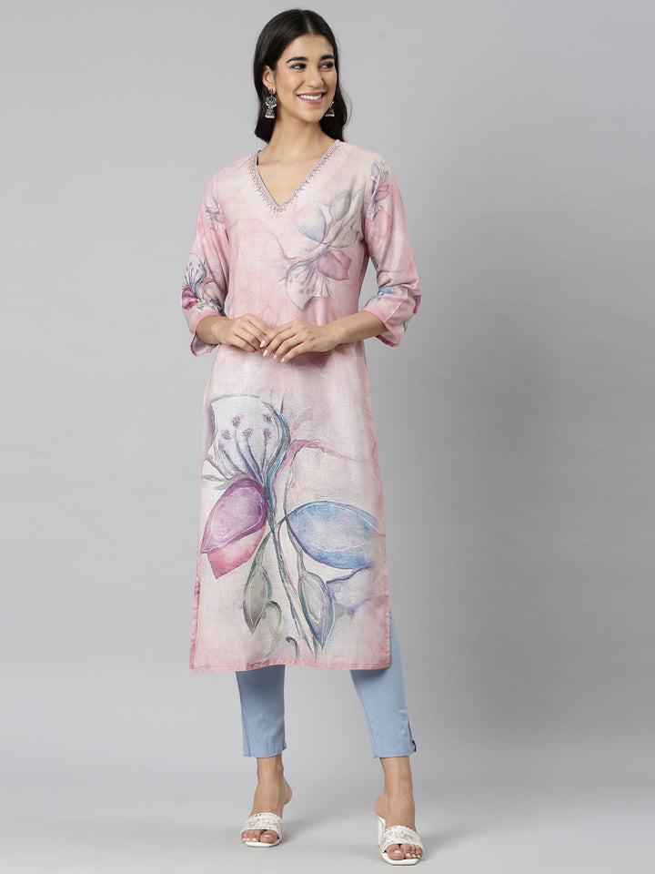 Neerus Pink Casual Floral Straight Kurtas