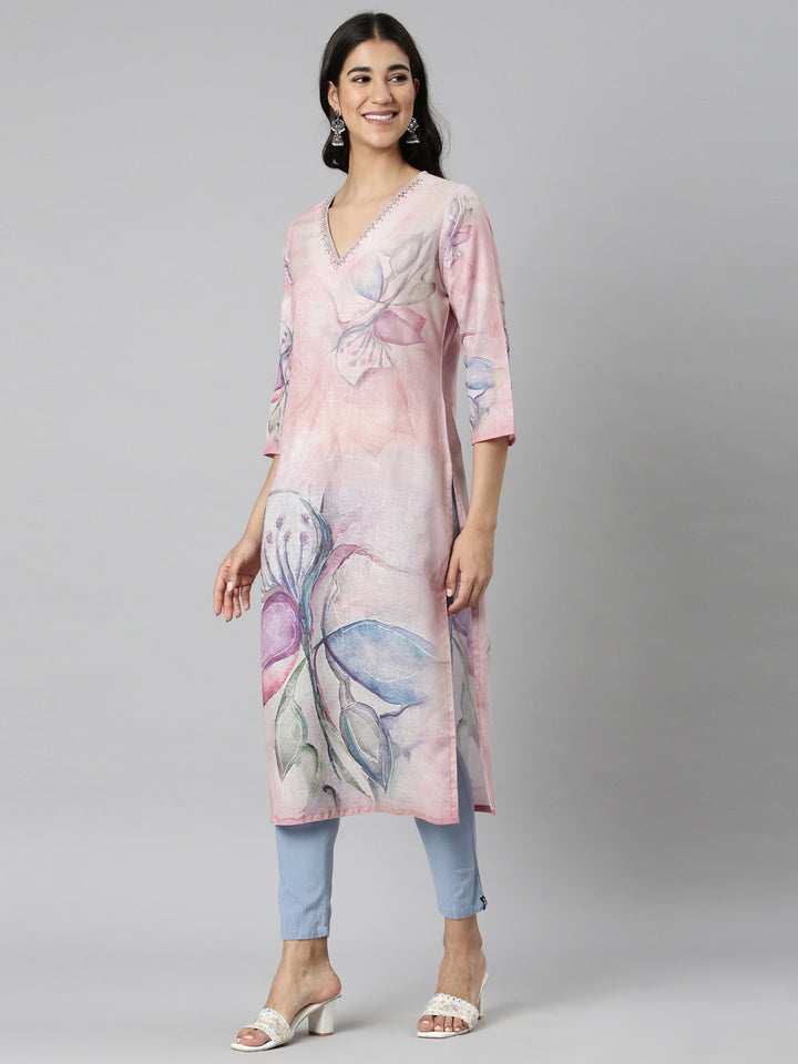 Neerus Pink Casual Floral Straight Kurtas
