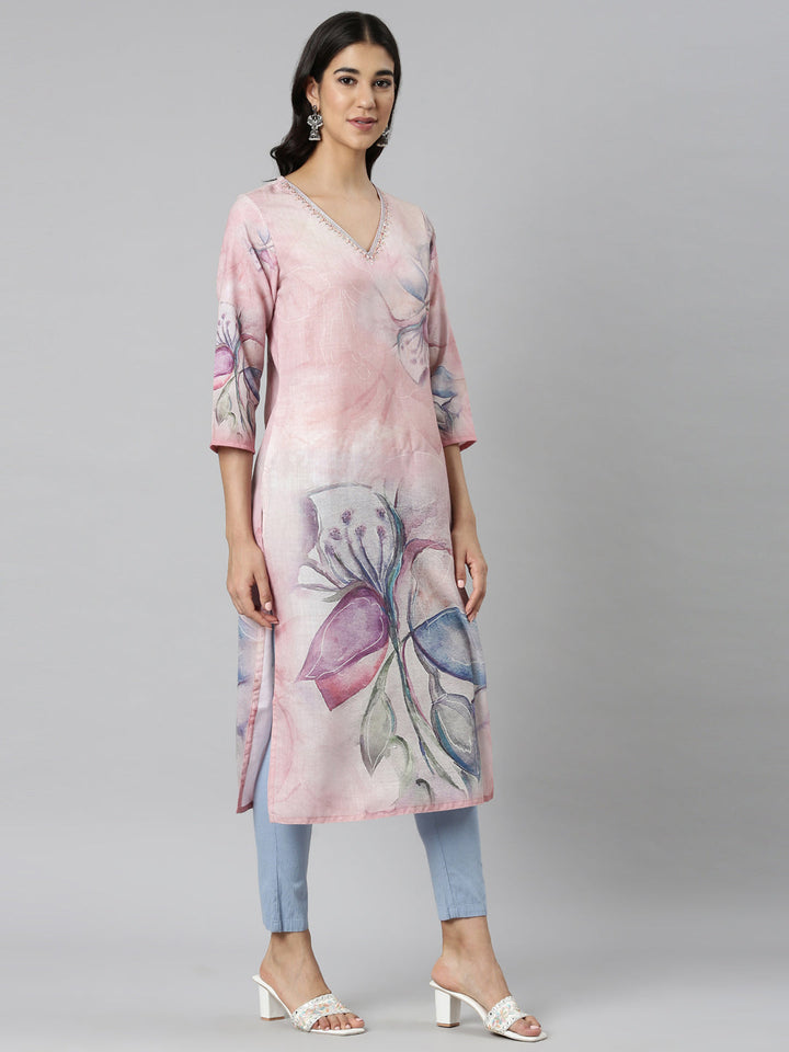 Neerus Pink Casual Floral Straight Kurtas