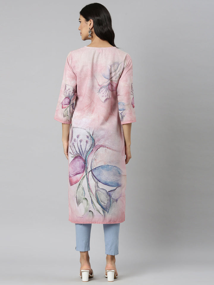 Neerus Pink Casual Floral Straight Kurtas