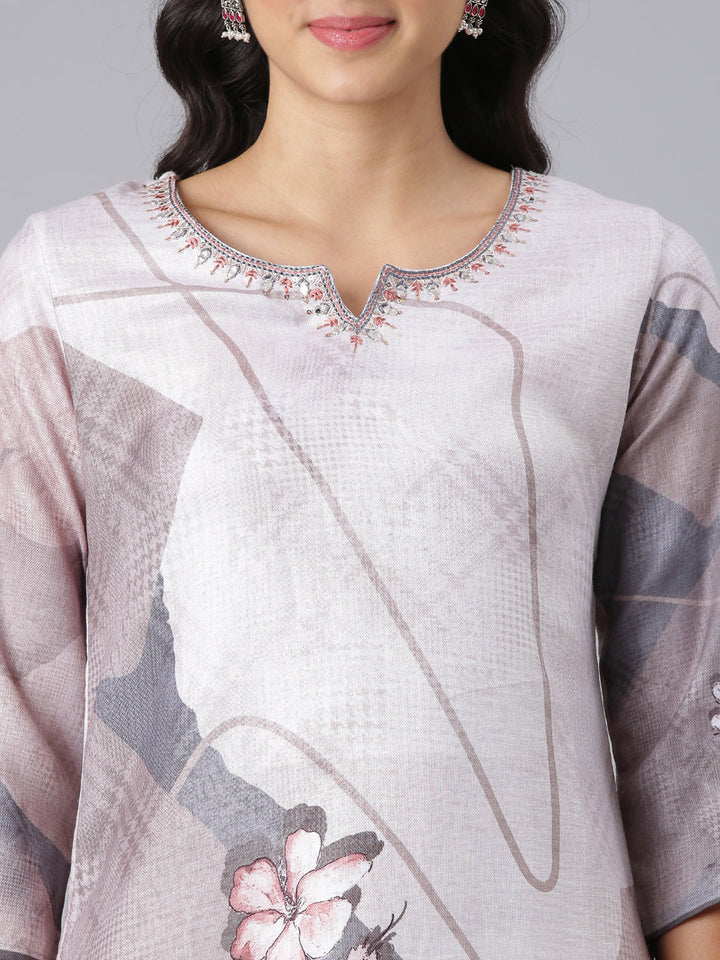 Neerus Grey Straight Casual Floral Kurtas