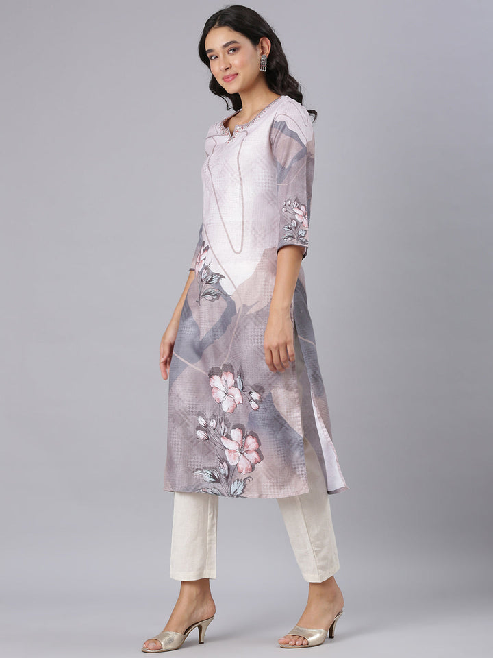 Neerus Grey Straight Casual Floral Kurtas