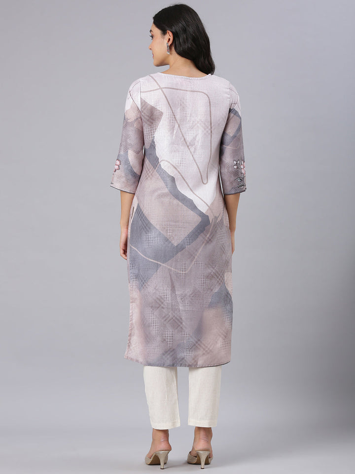 Neerus Grey Straight Casual Floral Kurtas