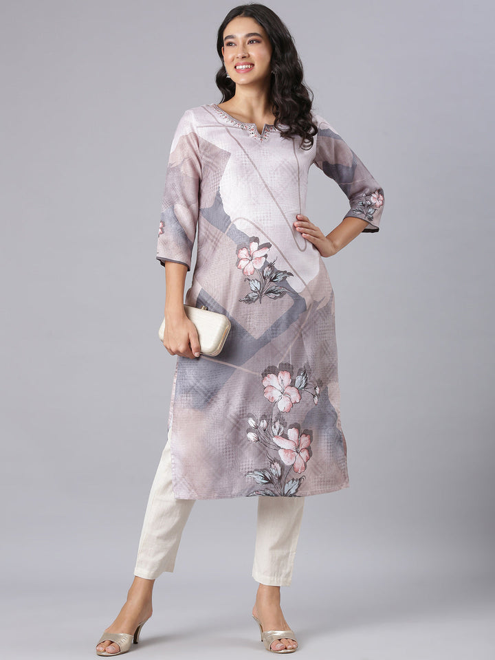 Neerus Grey Straight Casual Floral Kurtas