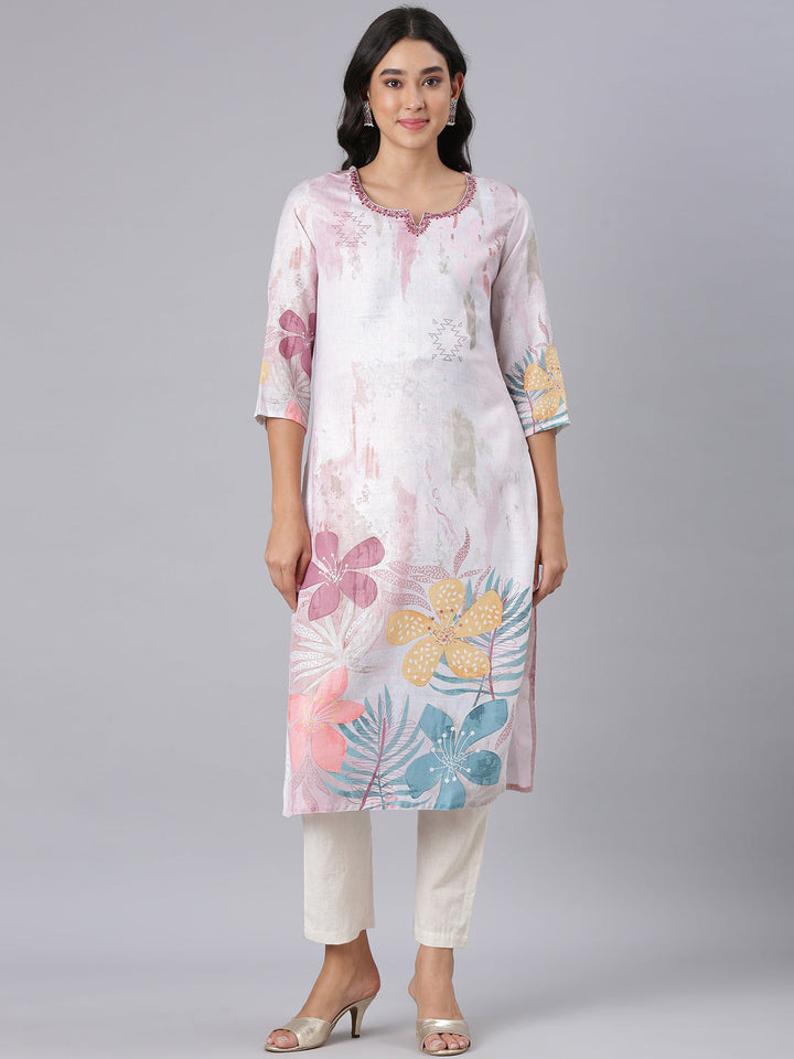 Neerus Off White Straight Casual Floral Kurtas
