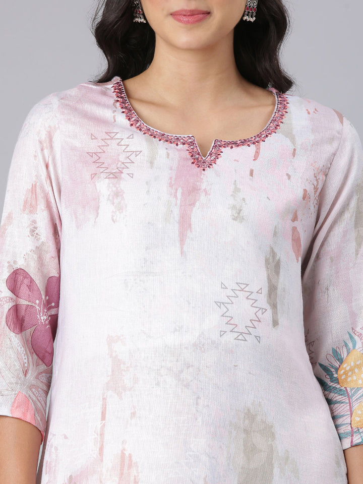Neerus Off White Straight Casual Floral Kurtas