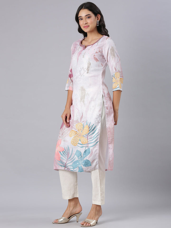 Neerus Off White Straight Casual Floral Kurtas