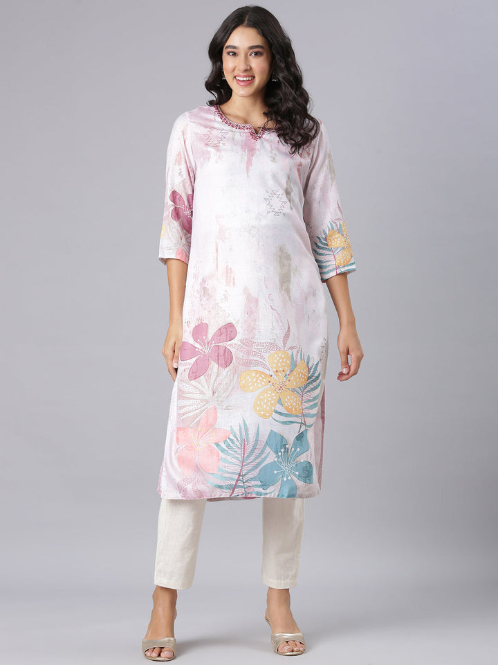 Neerus Off White Straight Casual Floral Kurtas