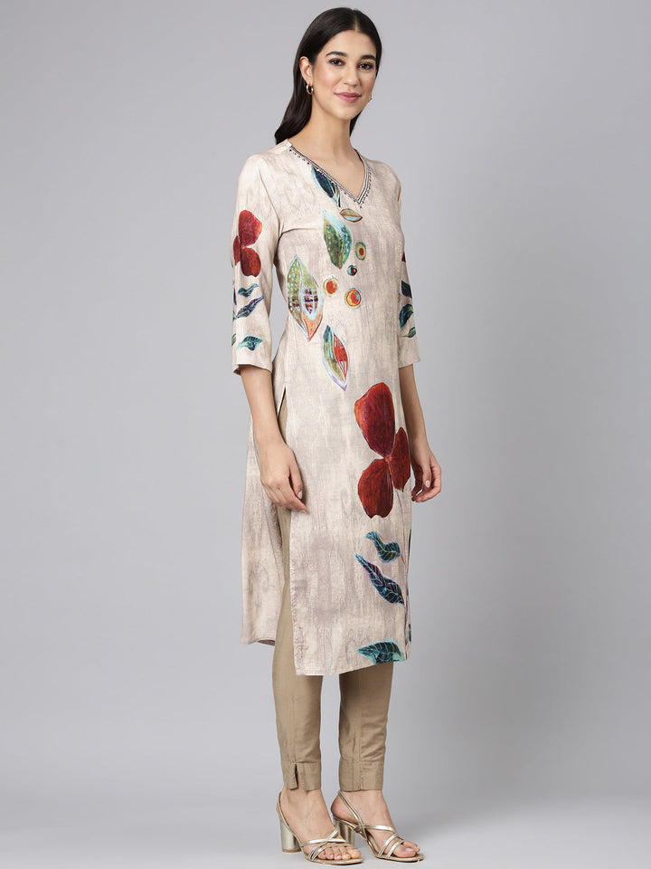 Neerus Beige Casual Floral Straight Kurtas