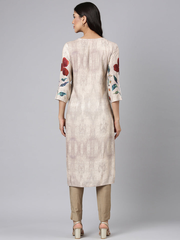 Neerus Beige Casual Floral Straight Kurtas