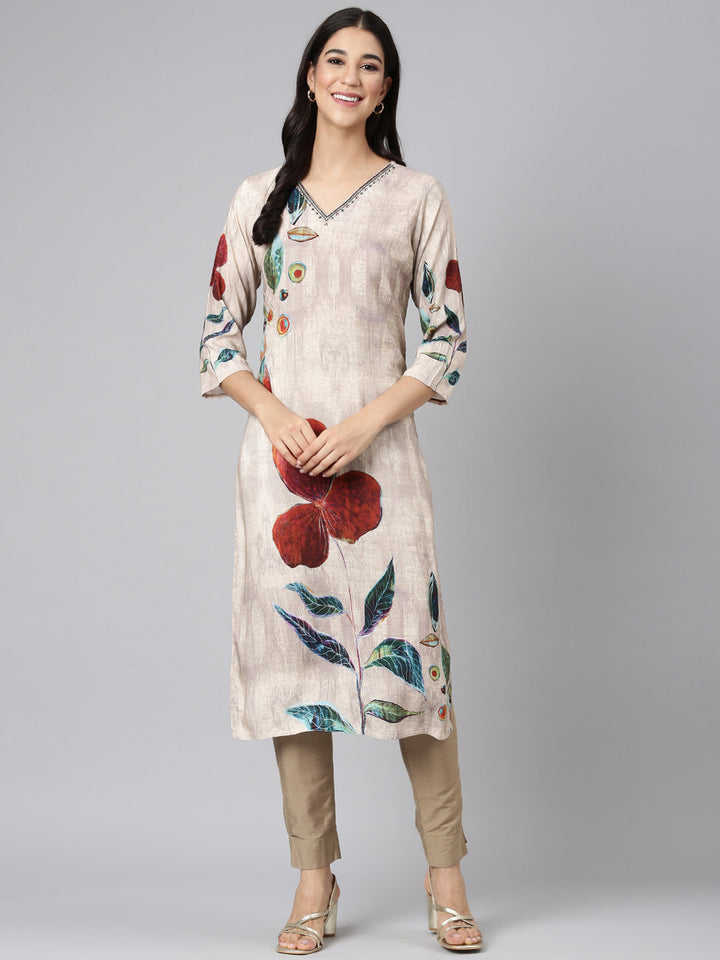 Neerus Beige Casual Floral Straight Kurtas