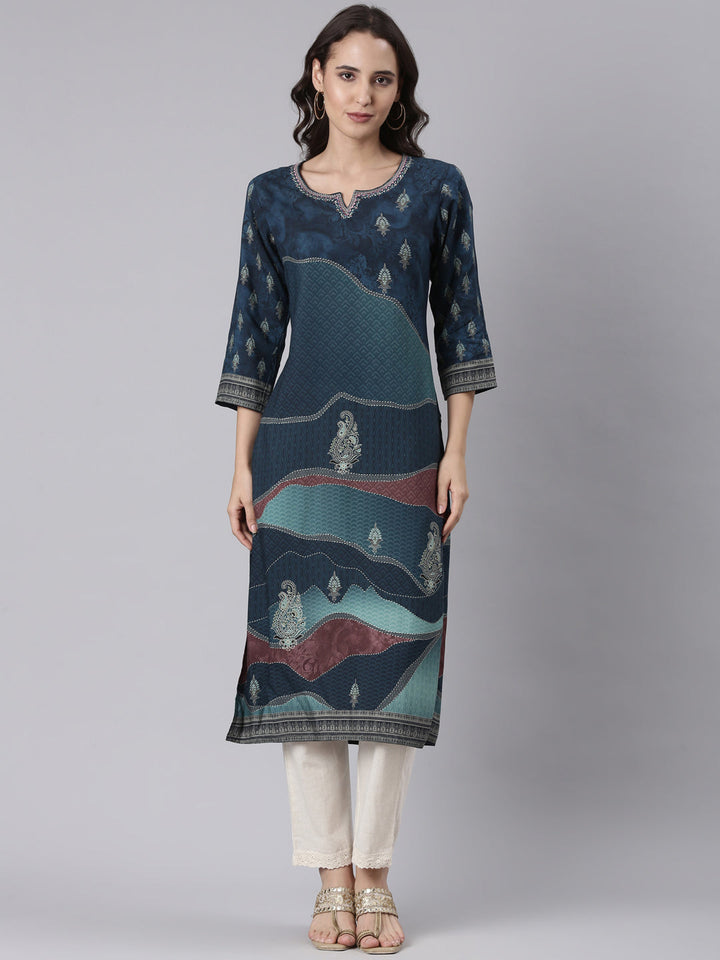 Neerus Blue Rayon Printed Kurti - front view