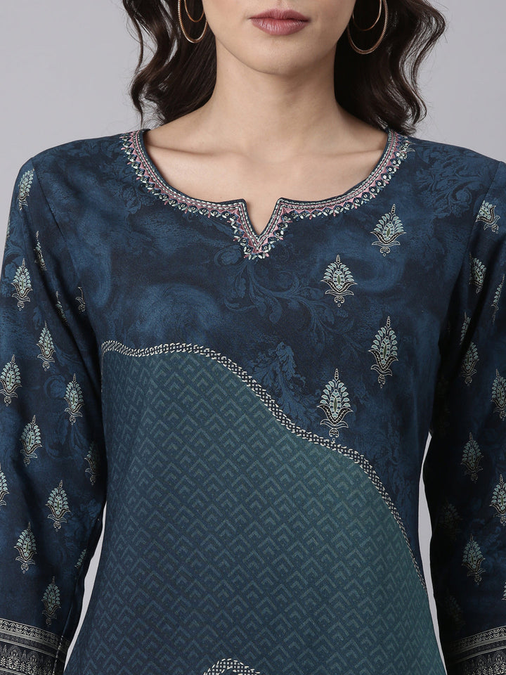 Neerus Blue Rayon Printed Kurti - detail view 1