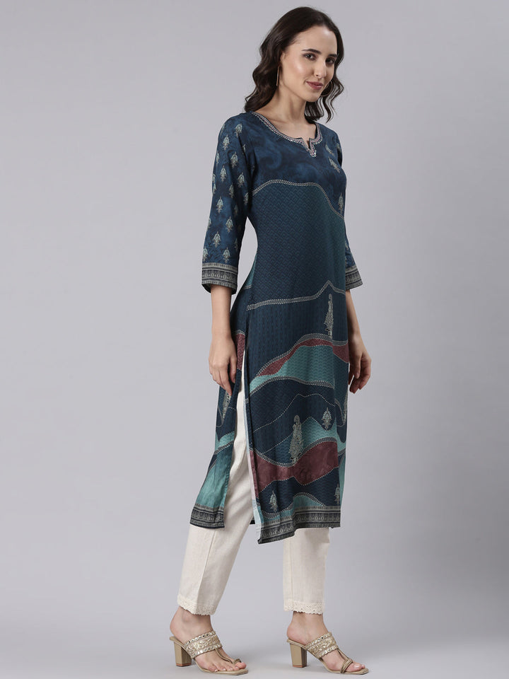 Neerus Blue Rayon Printed Kurti - back view