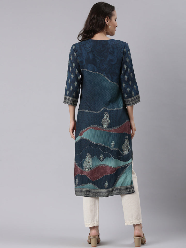 Neerus Blue Rayon Printed Kurti - side view