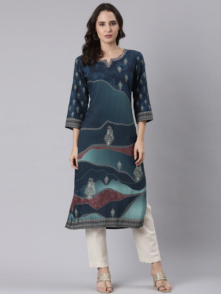 Neerus Blue Rayon Printed Kurti - detail view 2
