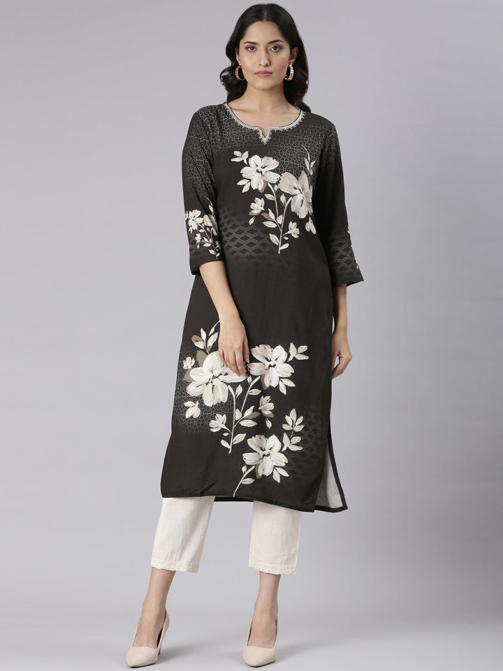 Neerus Black Casual Floral Straight Kurtas