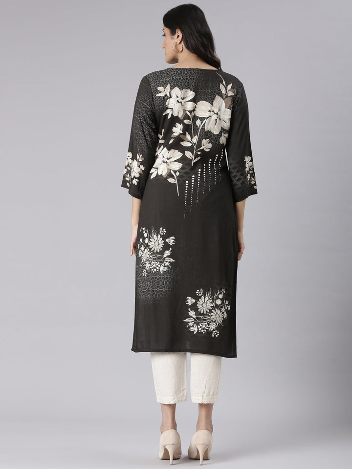 Neerus Black Casual Floral Straight Kurtas
