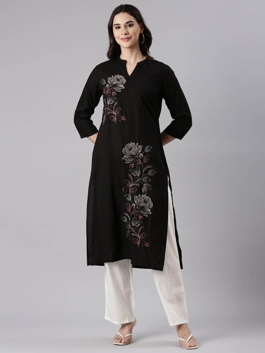Neerus Black rayon embroidered kurti - front view