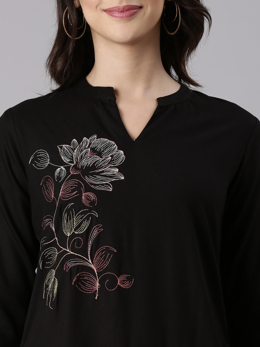 Neerus Black rayon embroidered kurti - detail view 1