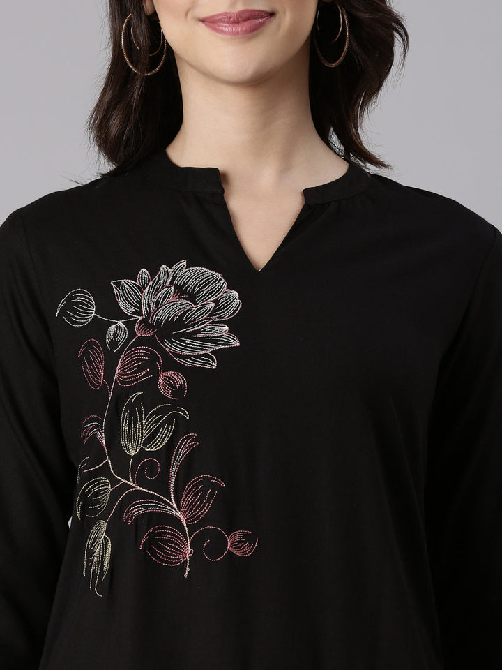 Neerus Black rayon embroidered kurti - detail view 1