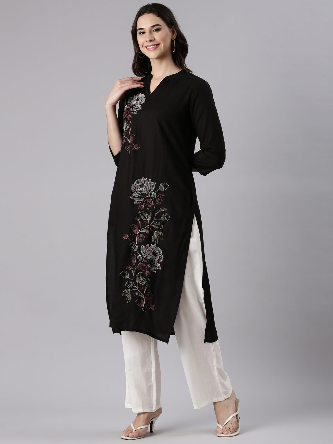 Neerus Black rayon embroidered kurti - back view