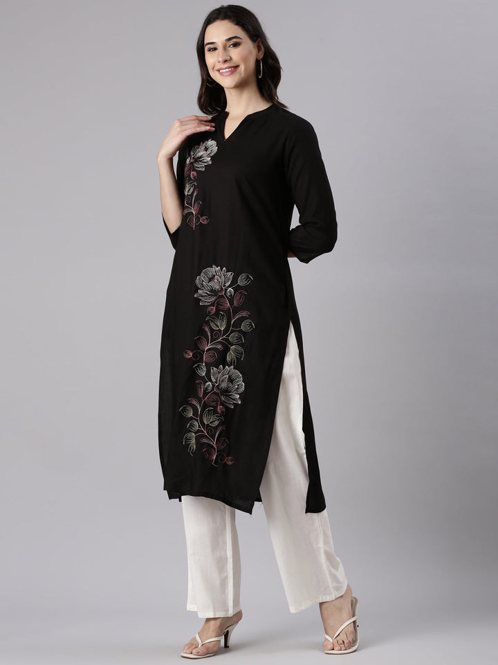 Neerus Black rayon embroidered kurti - back view