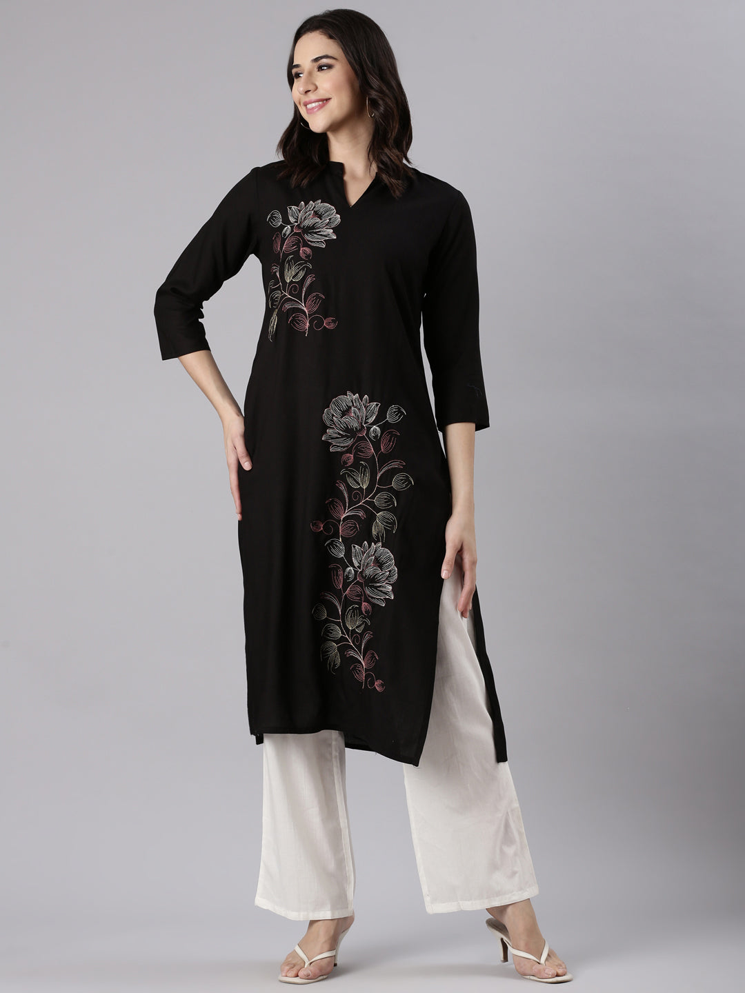 Neerus Black rayon embroidered kurti - detail view 2