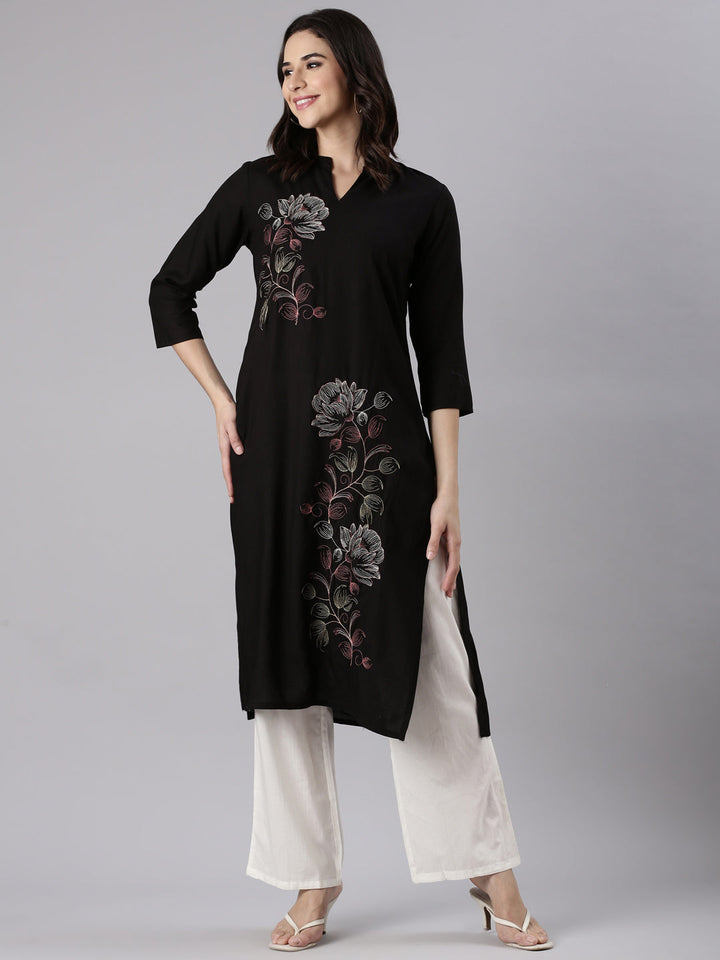 Neerus Black rayon embroidered kurti - detail view 2