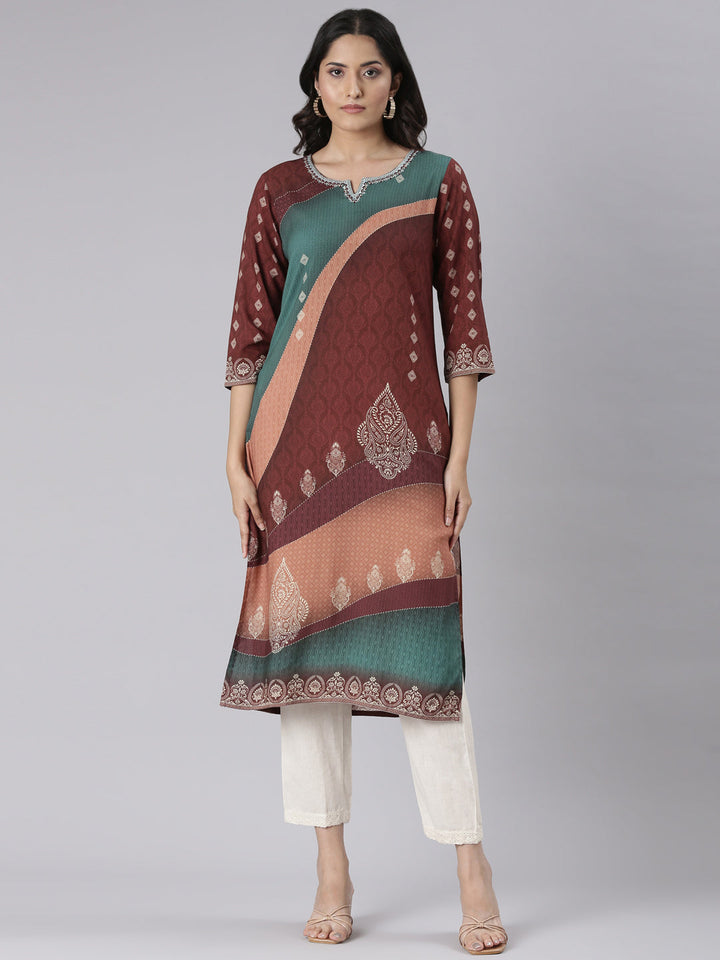 Neerus Brown Casual Paisley Straight Kurtas