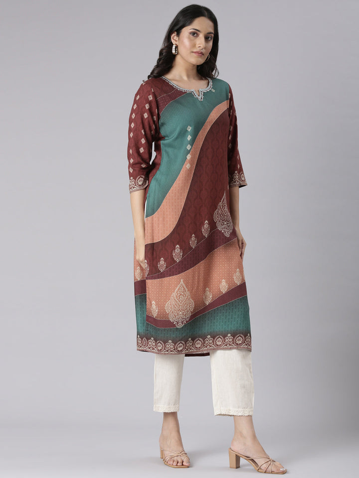 Neerus Brown Casual Paisley Straight Kurtas