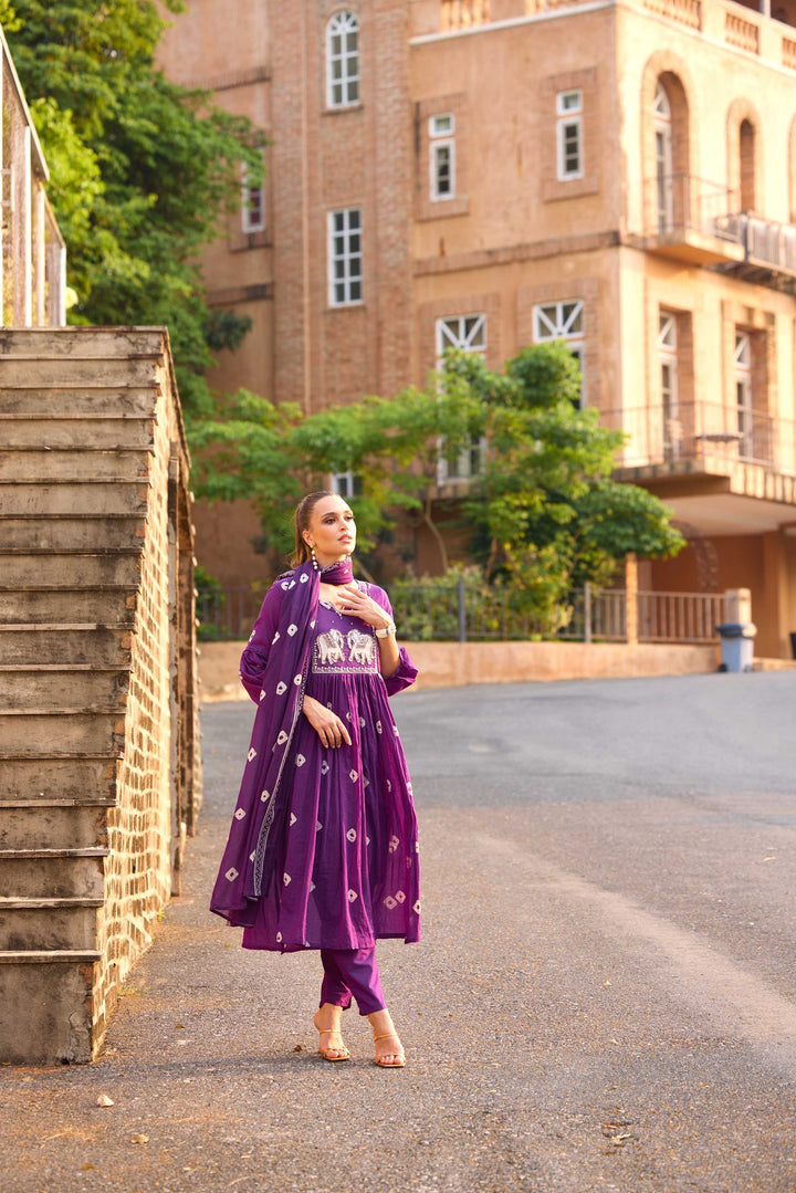 Neerus Purple Solid Anarkali Kurta and Trousers With Dupatta