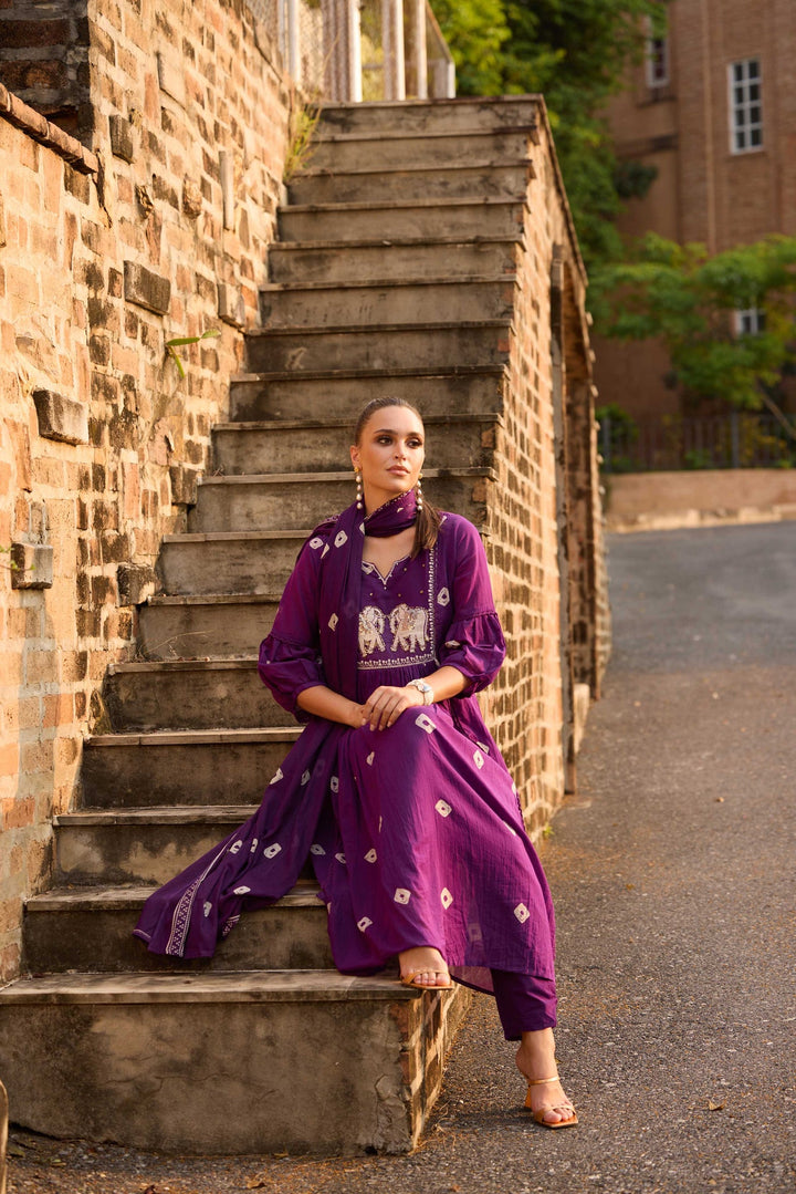 Neerus Purple Solid Anarkali Kurta and Trousers With Dupatta