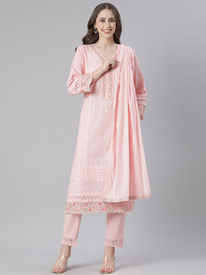 Neerus Pink cotton embroidered straight suit set - front view