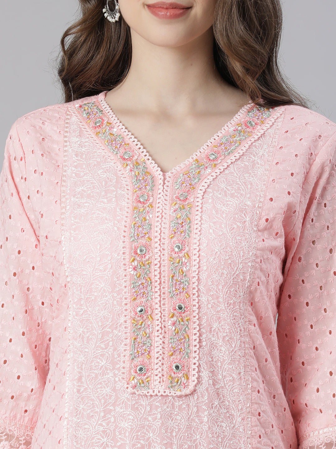 Neerus Pink cotton embroidered straight suit set - detail view 1