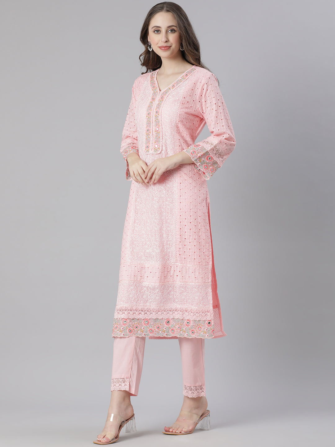 Neerus Pink cotton embroidered straight suit set - back view