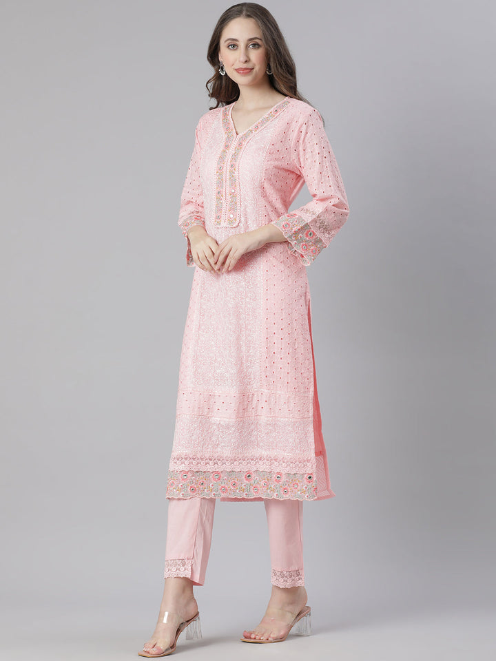 Neerus Pink cotton embroidered straight suit set - back view