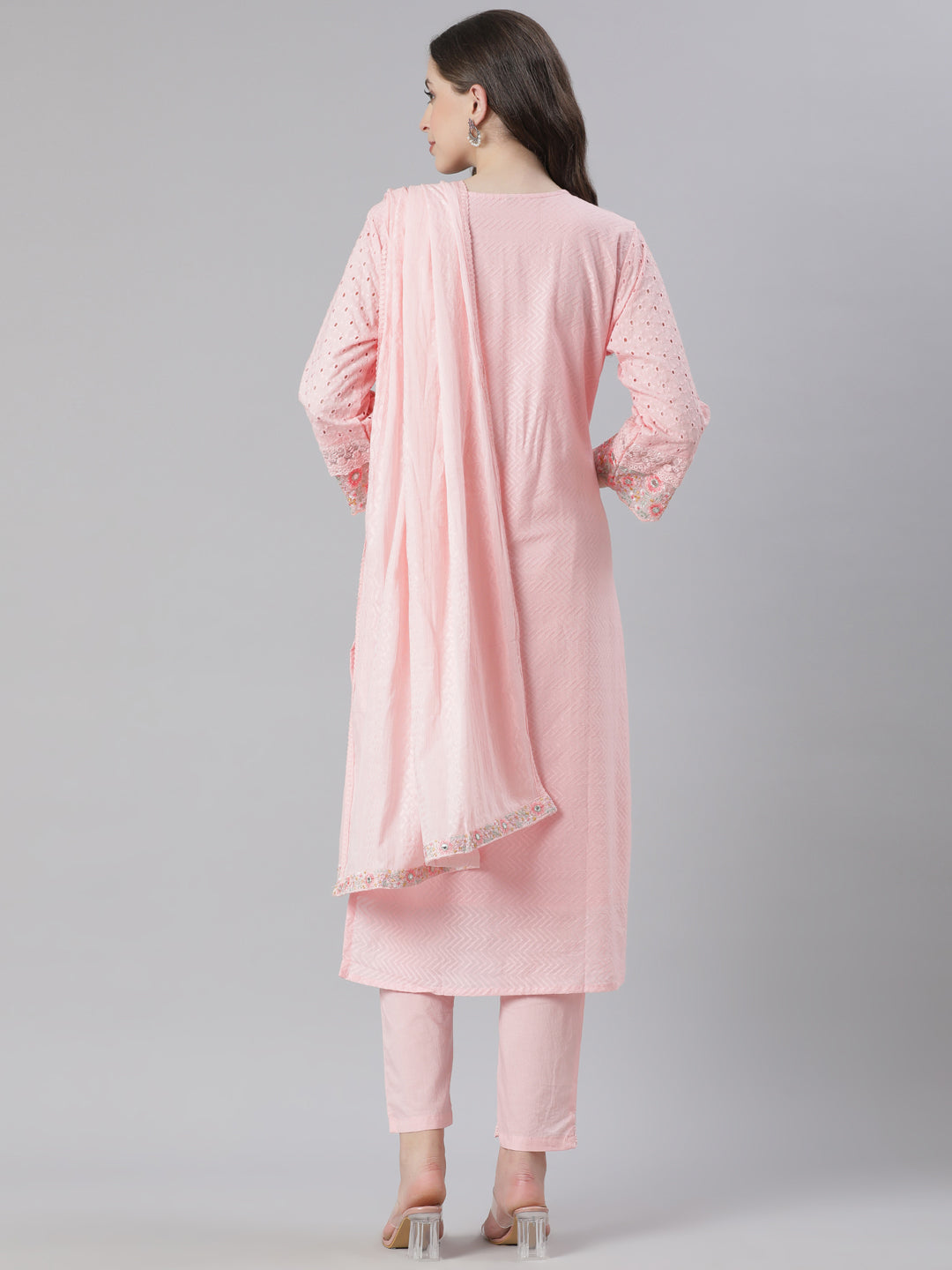 Neerus Pink cotton embroidered straight suit set - side view