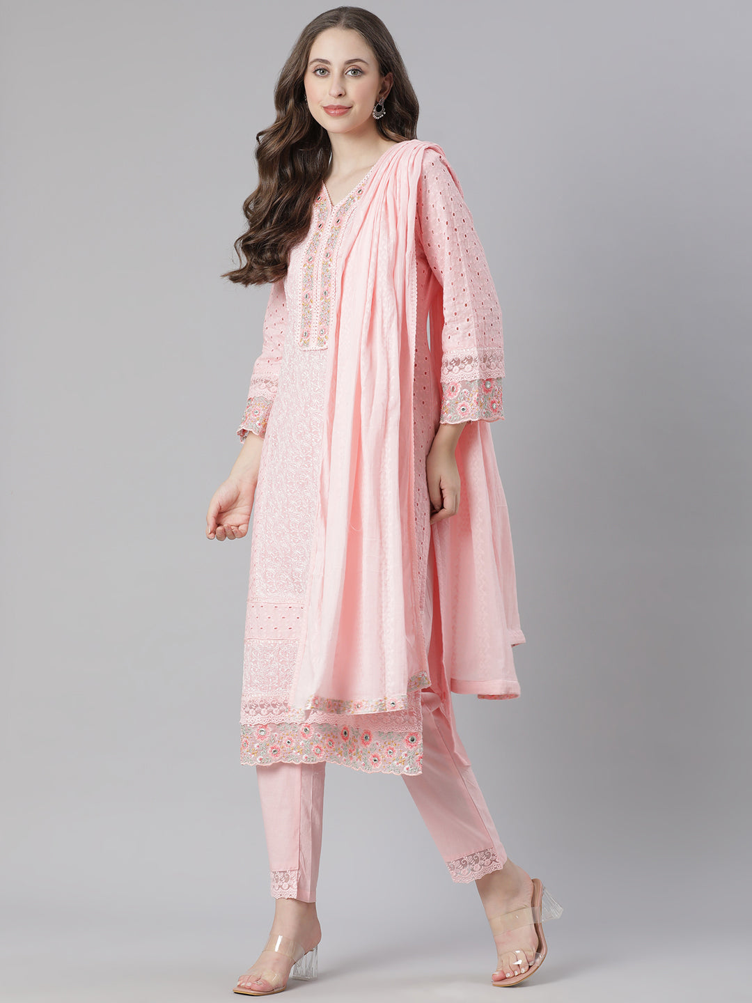 Neerus Pink cotton embroidered straight suit set - detail view 2